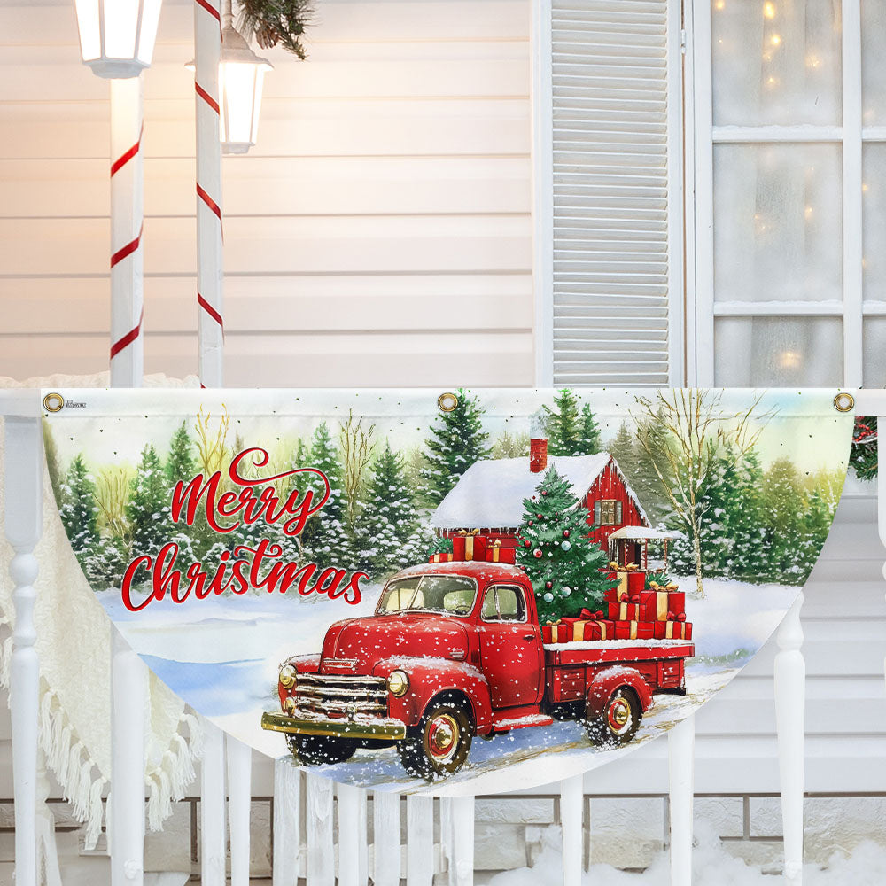 Red Pickup Truck Merry Christmas Non Pleated Fan Flag