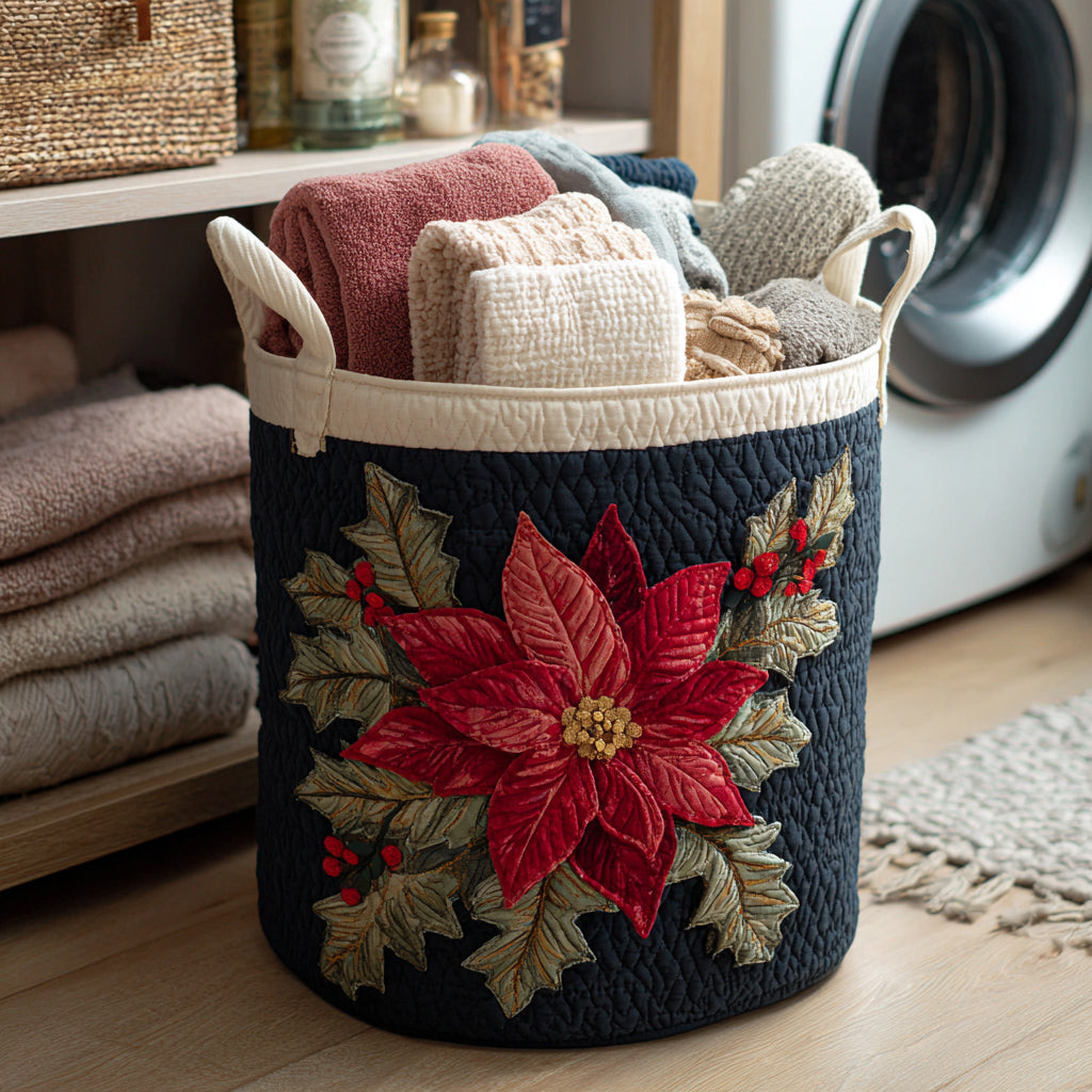 Red Poinsettia Quilted Laundry Basket Holiday Merch Gift