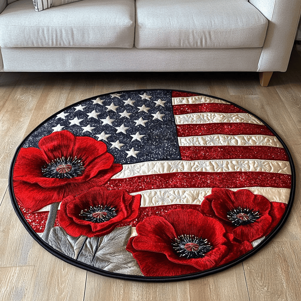 Red Poppies Quilted Round Mat Holiday Season Round Mat Veteran Day Gift for Dad