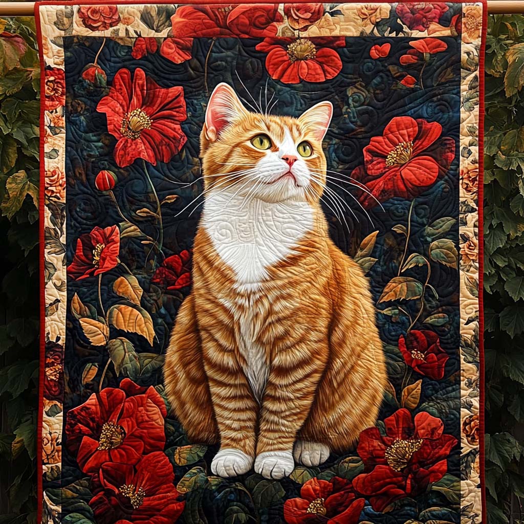 Red Poppy Cat Quilted Blanket Unique Gifts For Cat Lovers