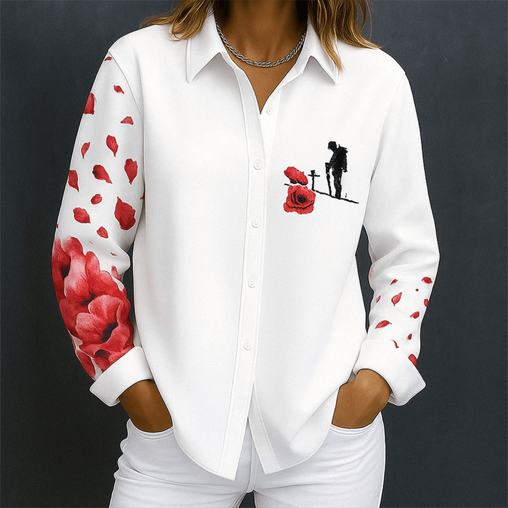 Red Poppy Memorial Day Button Up Long Sleeve Shirt Patriotic Gifts For Mom