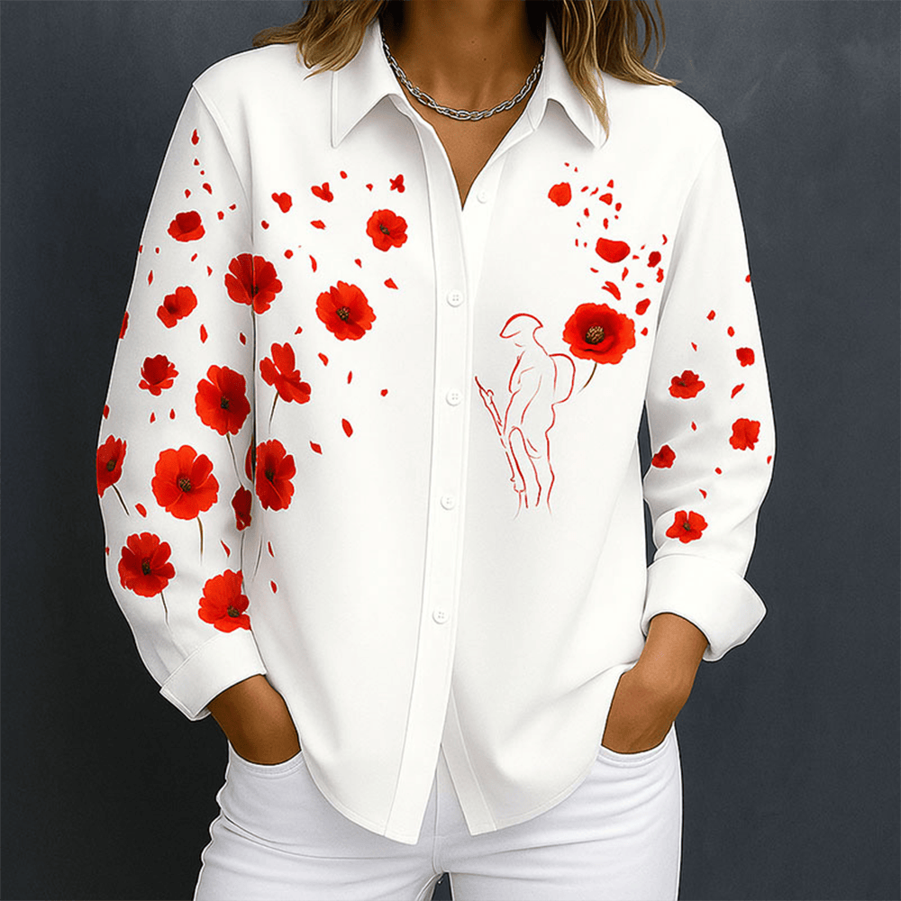 Red Poppy Memorial Day Button Up Long Sleeve Shirt Patriotic Merch Gifts For Wife