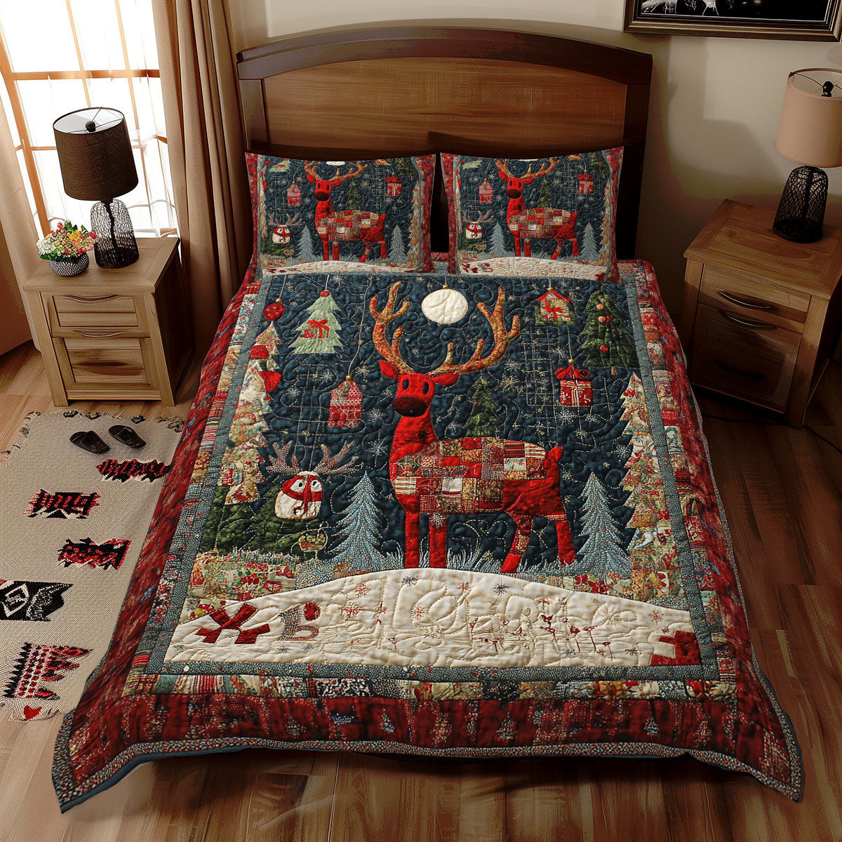 Red Reindeer Holiday Xmas Quilted Bedding Set Romantic Christmas Gifts For Newlyweds