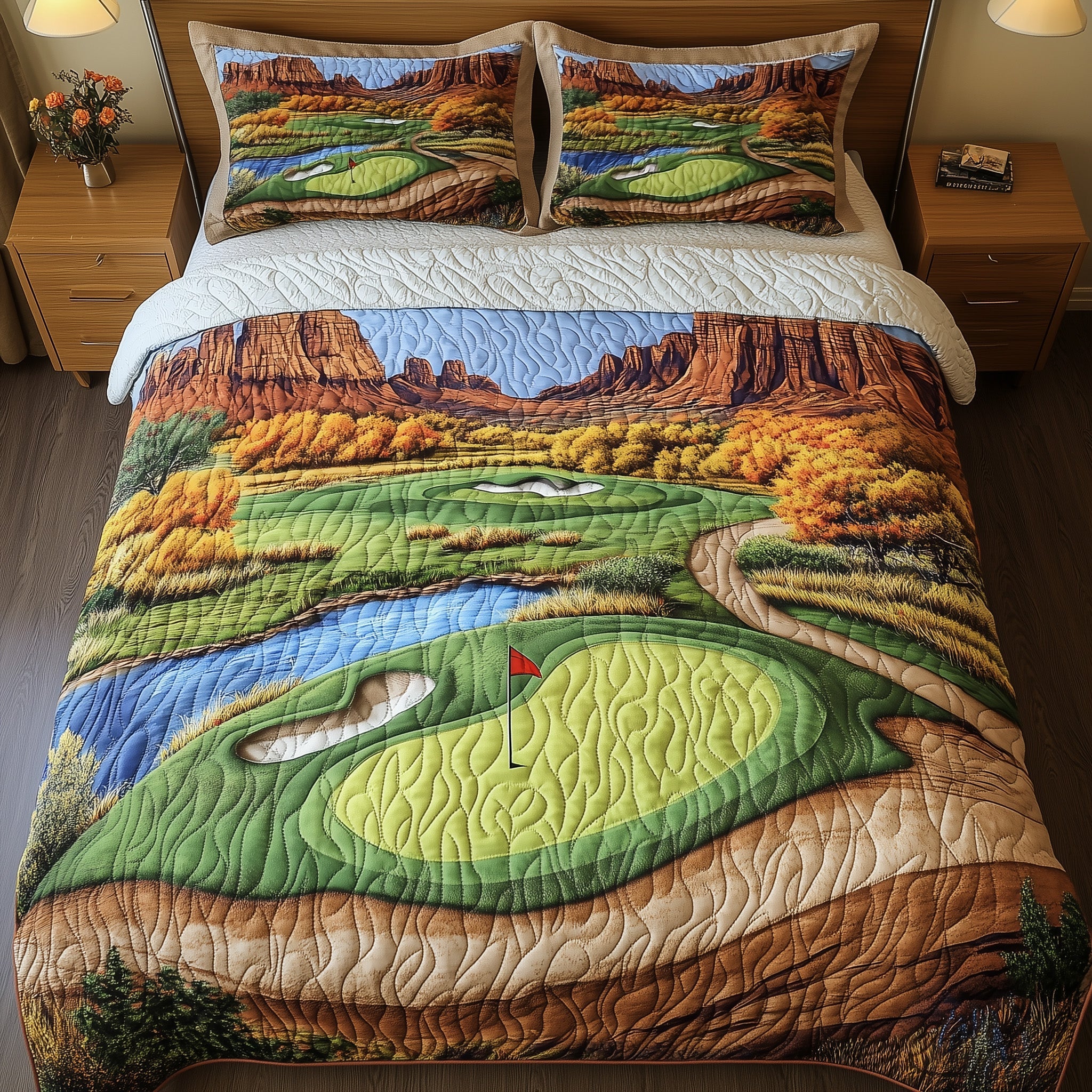 Red Rock Fairway Quilted Bedding Set Duvet Cover Merchandise Great Golf Gift Ideas