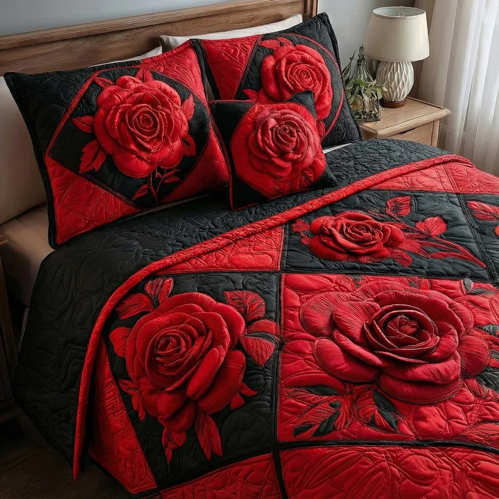 Red Rose Black Quilted Bedding Set Romantic Floral Bedroom Decor Best Gift For Her Valentine Ideas