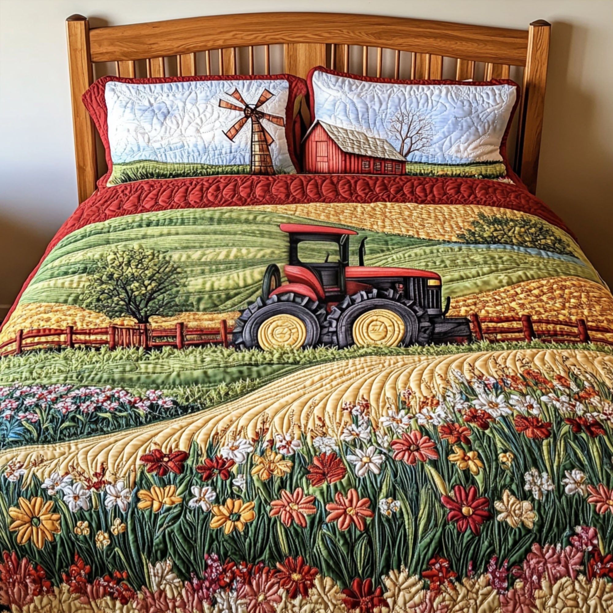 Red Tractor Fields Quilted Bedding Set Cozy Bedroom Decor Antique Tractor Gifts