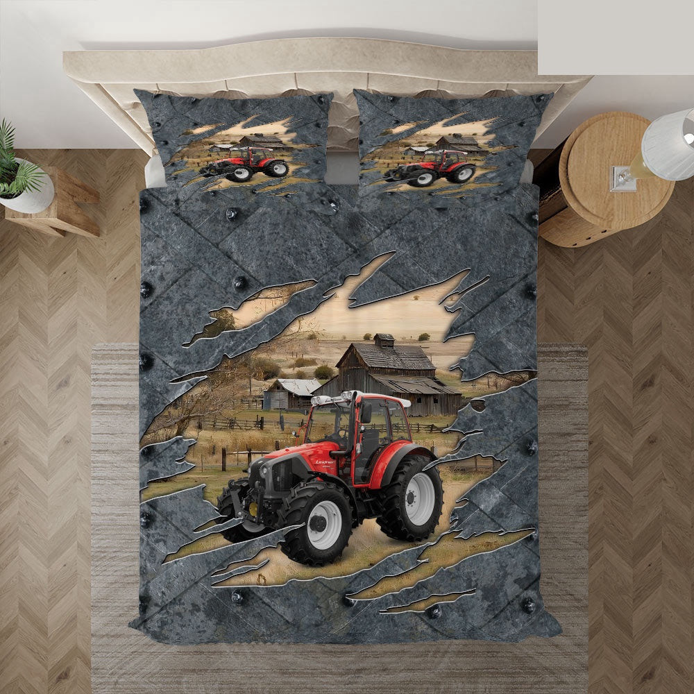 Red Tractor On The Farm Customized Name Bedding Set Farmhouse Bedding Set Couple Gifts