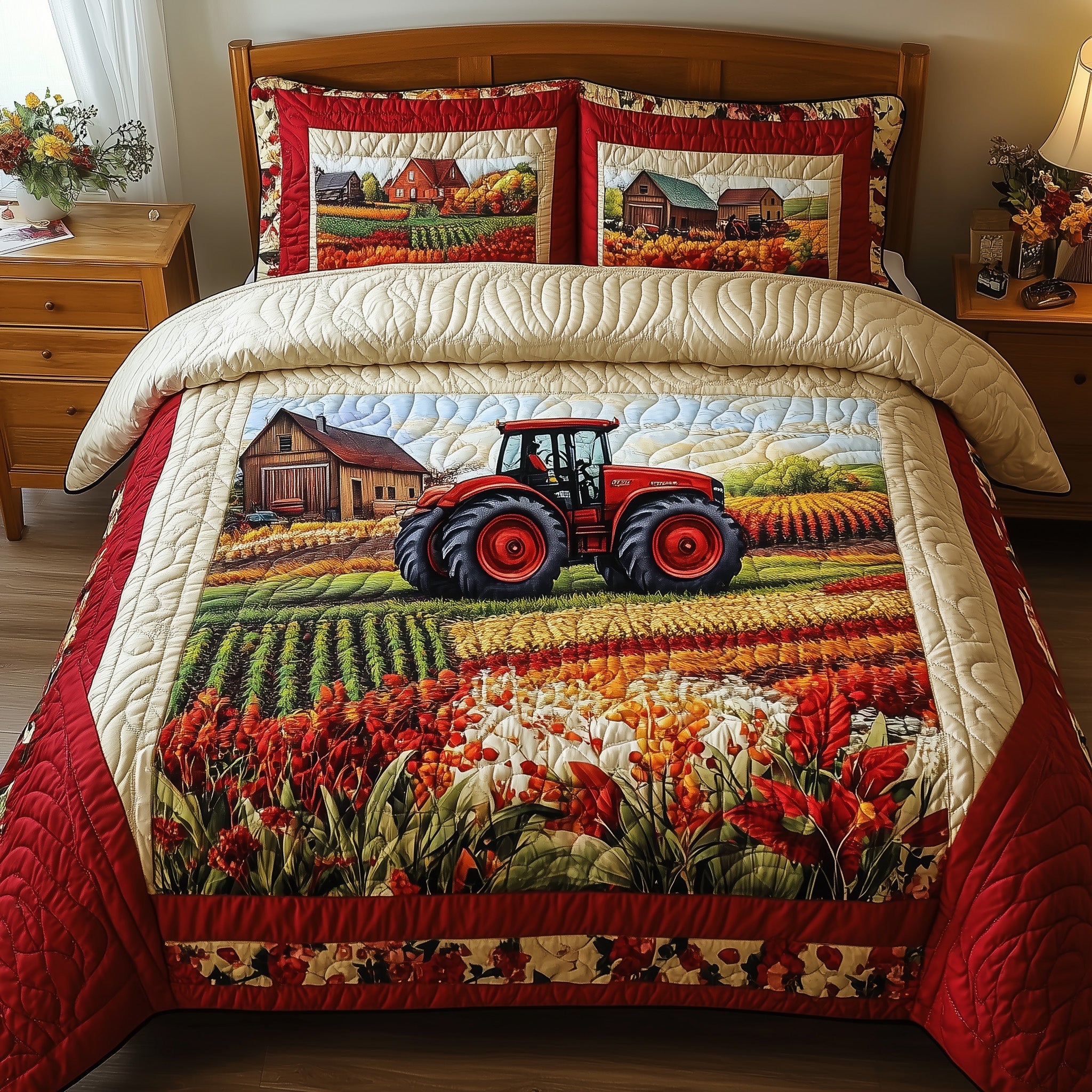 Red Tractor Quilted Bedding Set Duvet Cover Merchandise Vintage Tractor Gifts