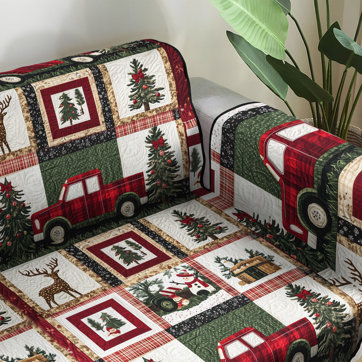 Red Truck Adventure Quilted Sofa Cover Holiday Living Room Decor Grandparent Christmas Gifts