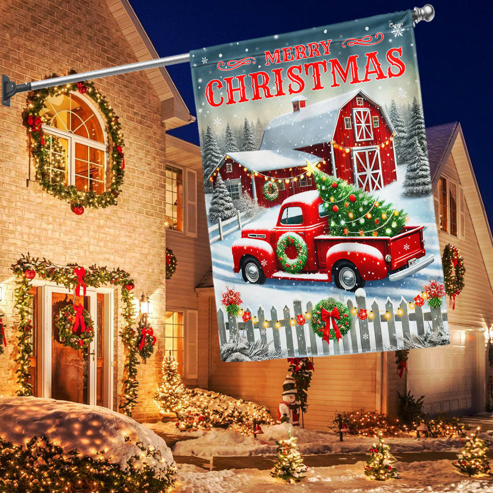 Red Truck And Barn Merry Christmas Flag