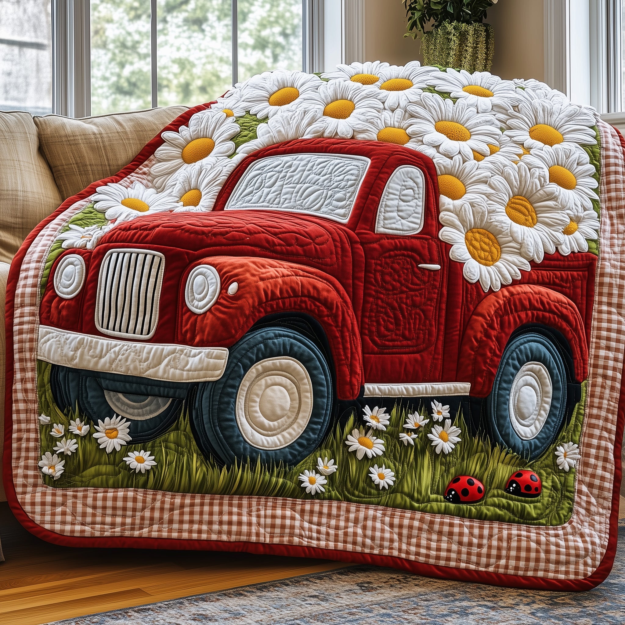 Red Truck Blooms Quilted Blanket Merchandise Throw BlanketBest Gifts For Daughter In Law
