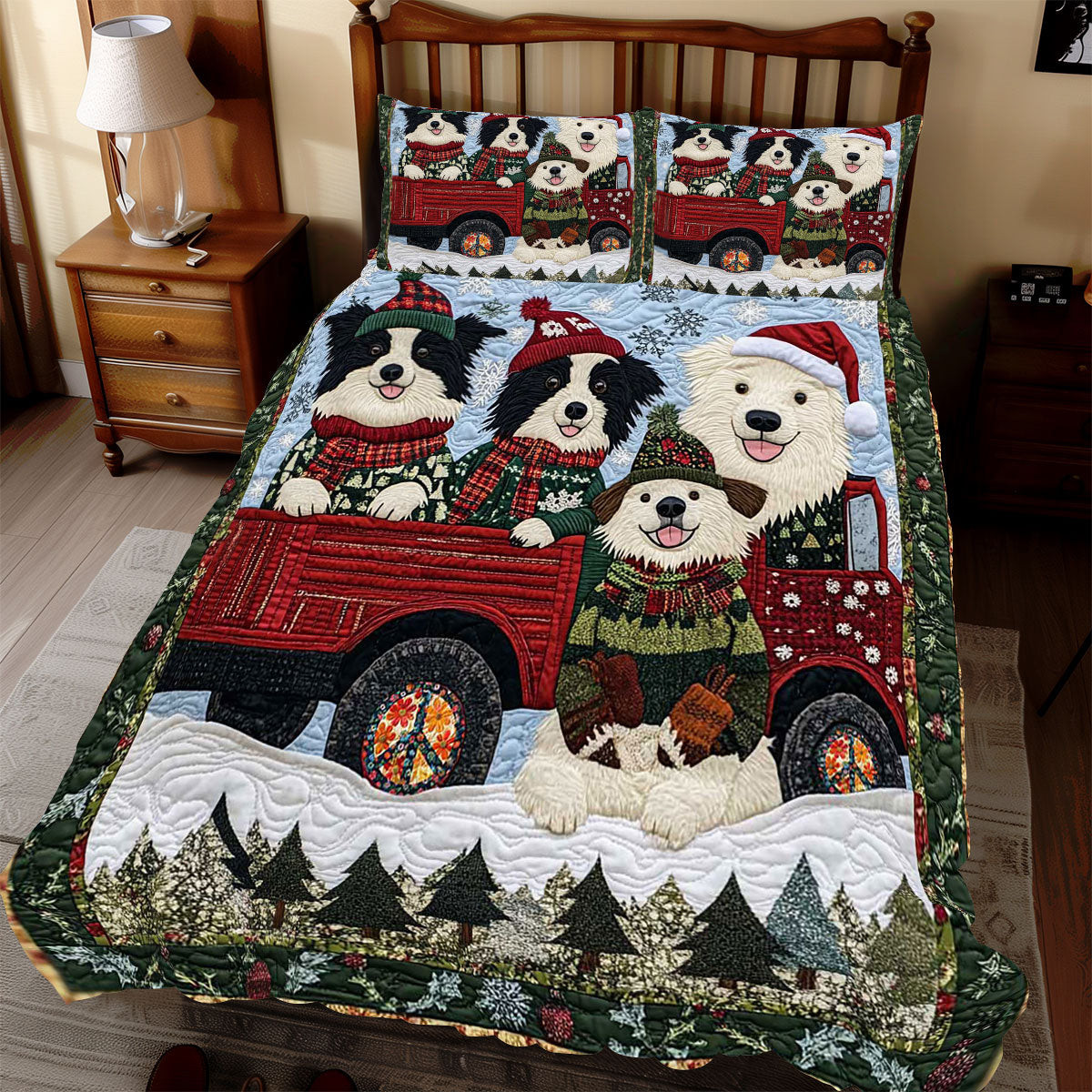 Red Truck Border Collie Holiday Xmas Quilted Bedding Set Christmas Gifts For Friends