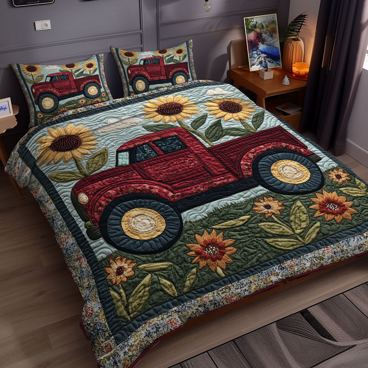 Red Truck Holiday Xmas Quilted Bedding Set Best Christmas Gifts For Women