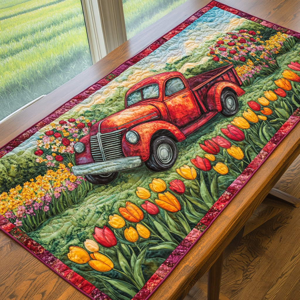 Red Truck in Bloom Quilted Table Runner Dining Table Ideas Gifts For The Flower Lover
