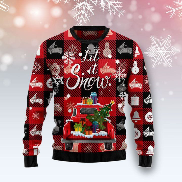 Red Truck Let It Snow Ugly Christmas Sweater Winter Apparel Christmas Gifts For Truck Owners