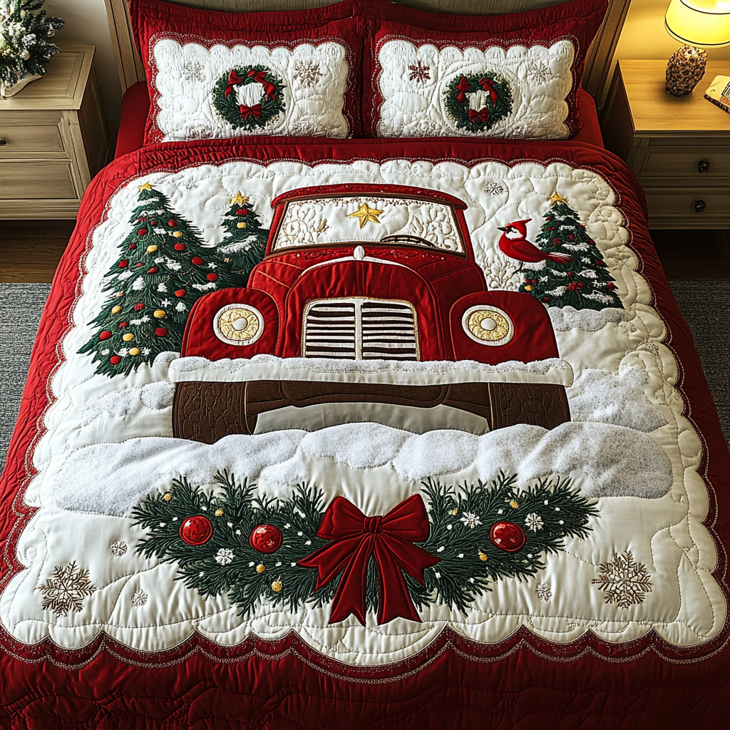 Red Truck Quilted Bedding Set Holiday Season Duvet Cover Set Christmas Gift Ideas For Mom