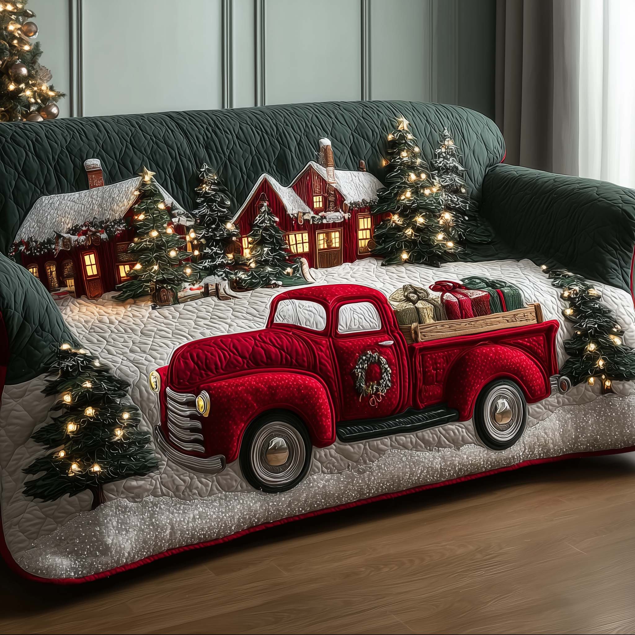 Red Truck Quilted Sofa Cover Icy Journey Themed Sofa Slipcover Gift For Car Enthusiast