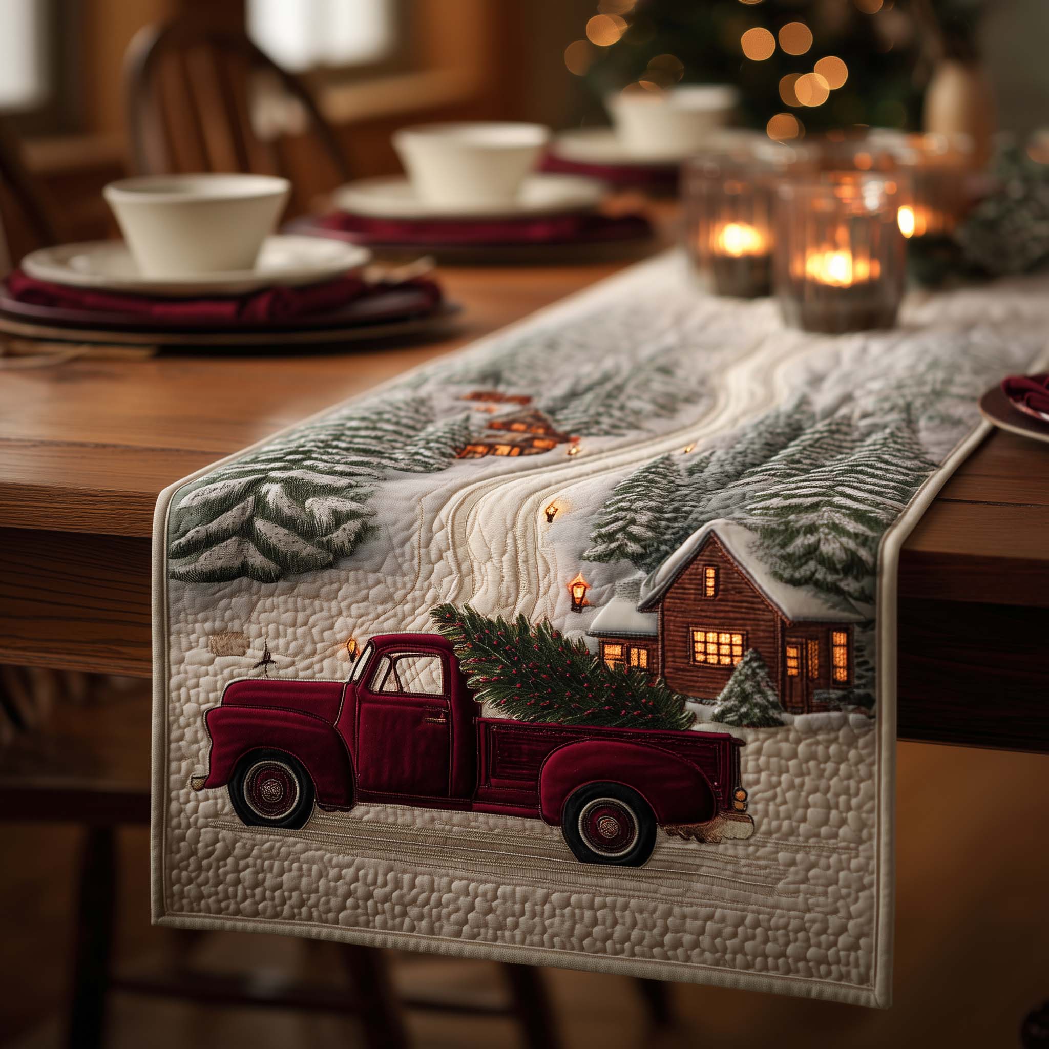 Red Truck Quilted Table Runner Farmhouse Dining Room Decor Gift For Home