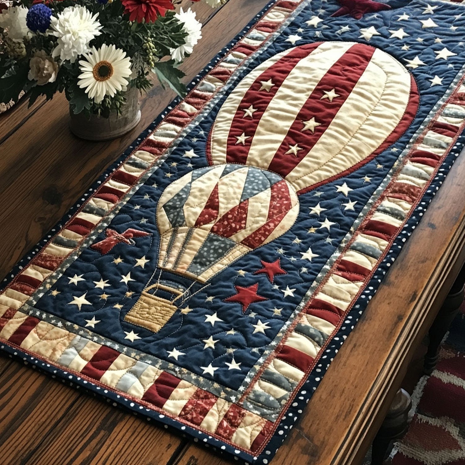 Red White and Balloon Quilted Table Runner Holiday Dining Table Decor Patriotic Gifts For Men