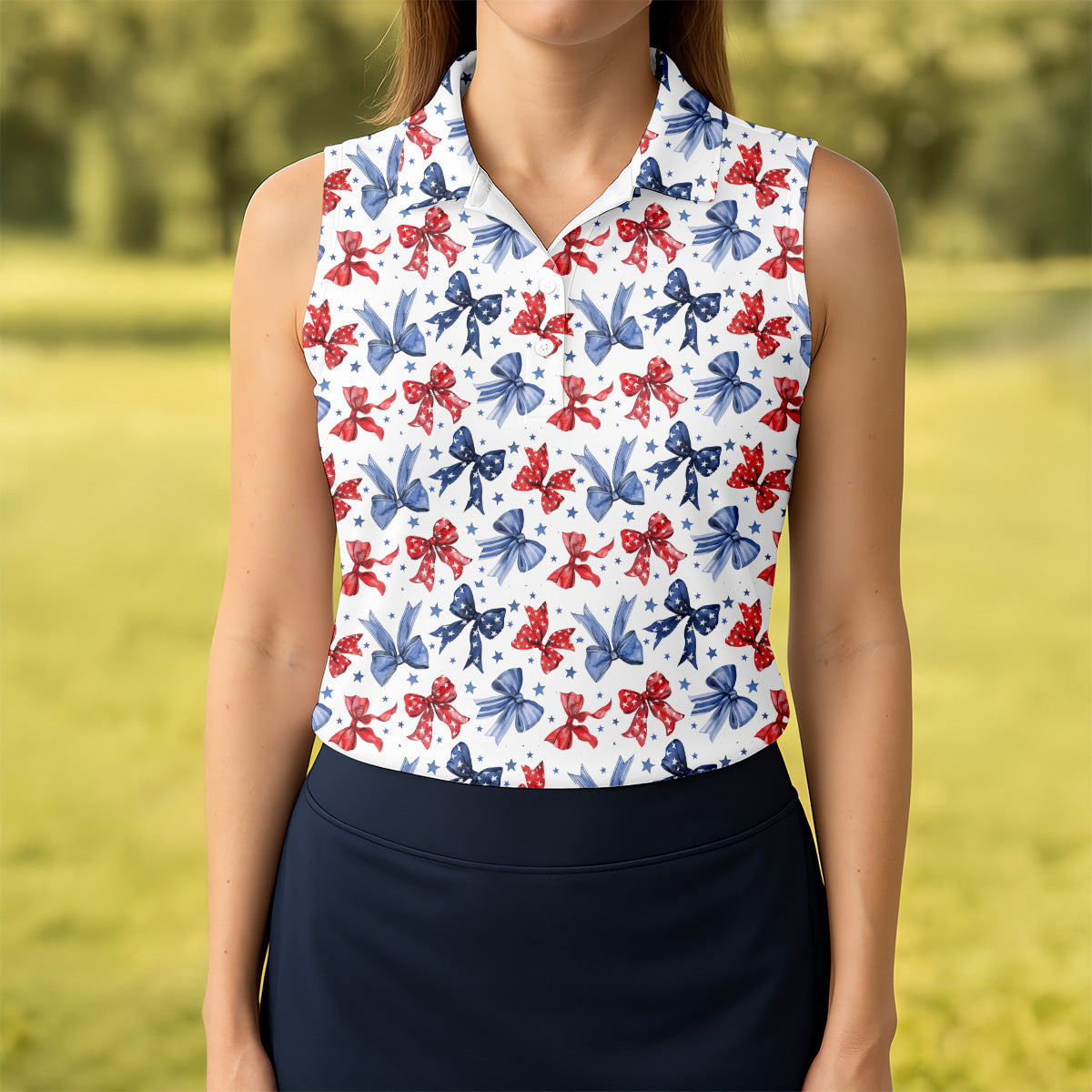 Red White And Blue Bows Sleeveless Polo Shirt Women's 4th Of July Merch Great Gifts For Mom