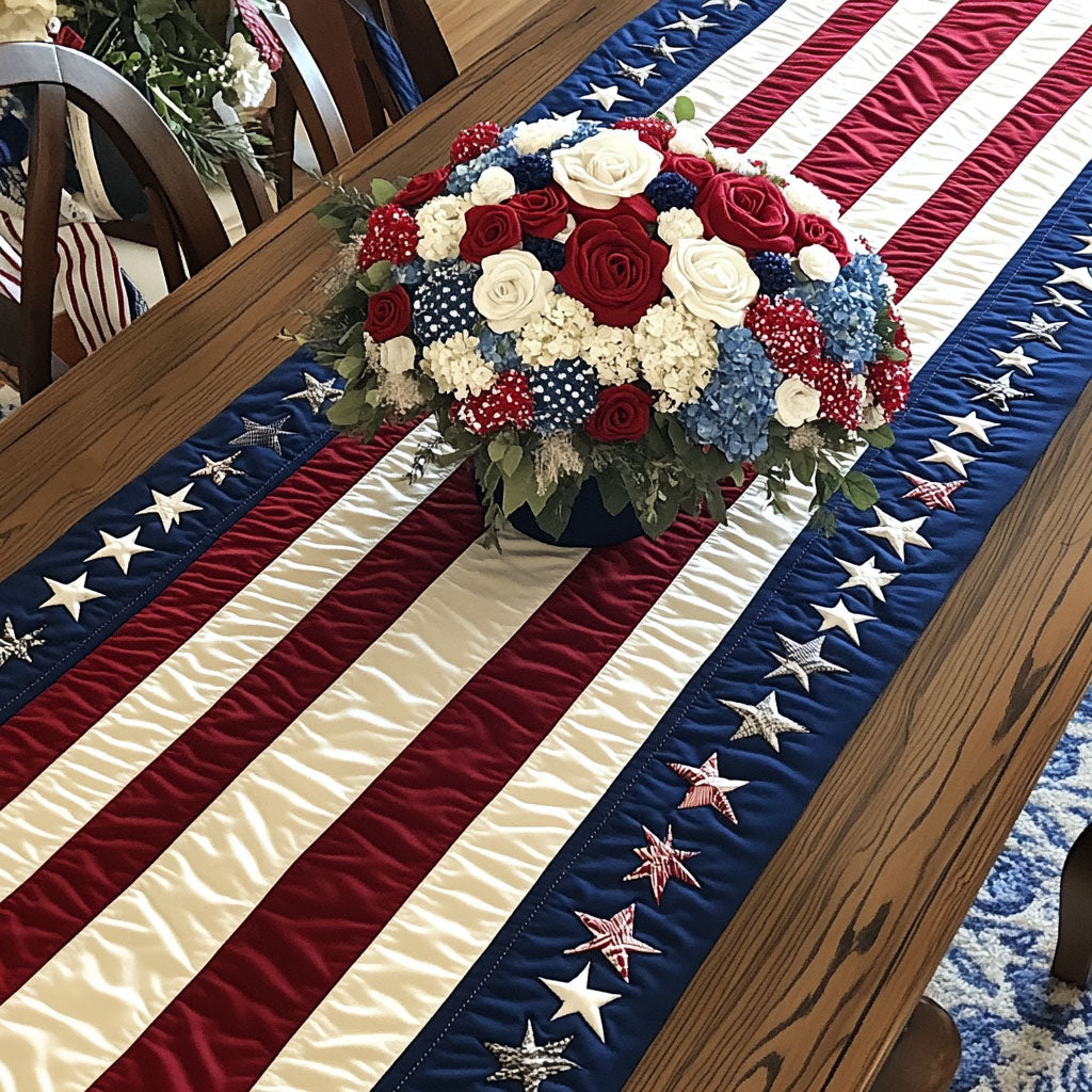 Red White and Blue Celebration Quilted Table Runner Dining Room Decor Ideas Patriotic Gifts For Her