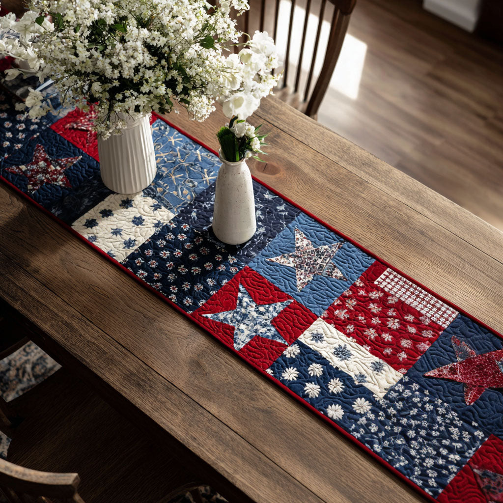 Red White and Blue Squares Quilted Table Runner Kitchen Table Decor Ideas Patriotic Gifts For Men