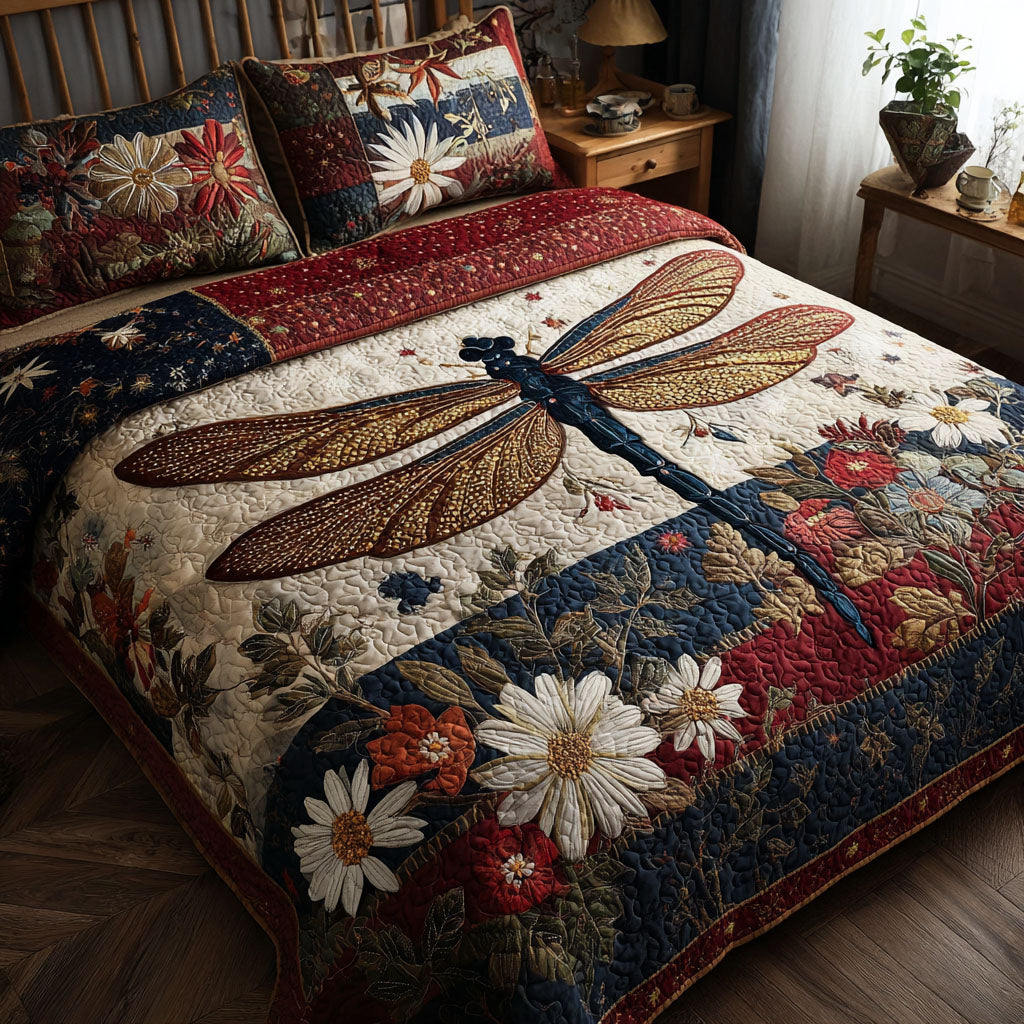 Red White and Blue Wings Quilted Bedding Set Bed Decor Dragonfly Themed Gifts