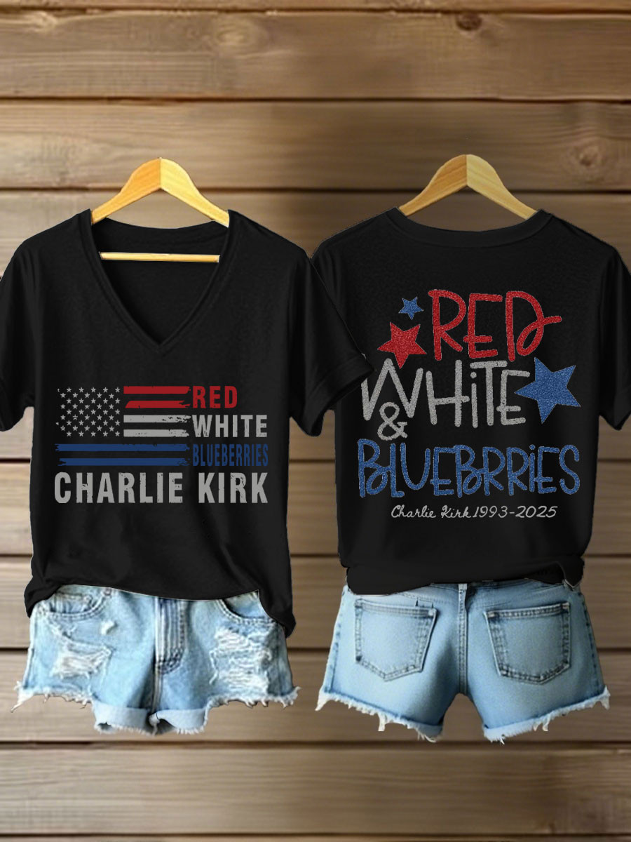 Red White And Blueberries Merch Black V-Neck Shirt 1993 2025 Live Free Charlie Kirk Shirt