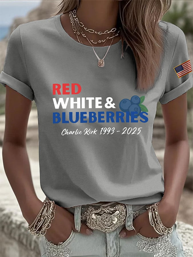 Red White And Blueberries Merch Grey T-Shirt Freedom Charlie Kirk USA Freedom Gifts
