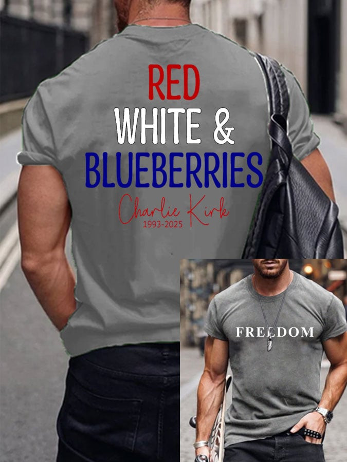 Red White And Blueberries Merch Grey T-Shirt Freedom Signed Charlie Kirk 1993 2025 Merch