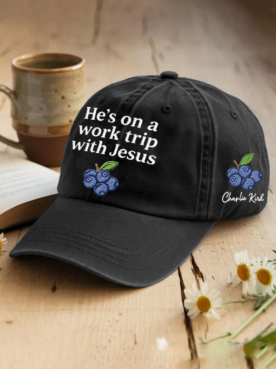 Red White And Blueberries Merch Hat He's On A Work Trip With Jesus Cool Baseball Cap Gifts