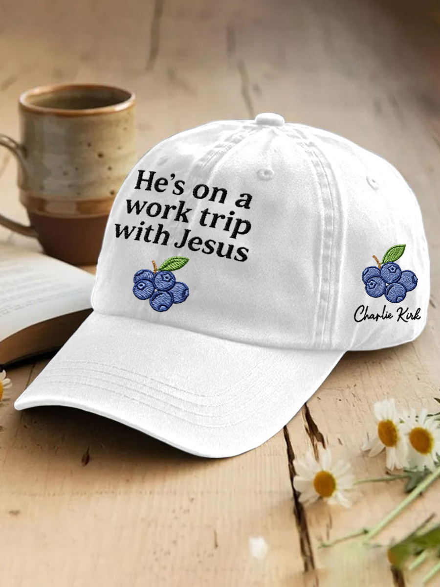Red White And Blueberries Merch Hat He's On A Work Trip With Jesus Unique Baseball Cap Gift