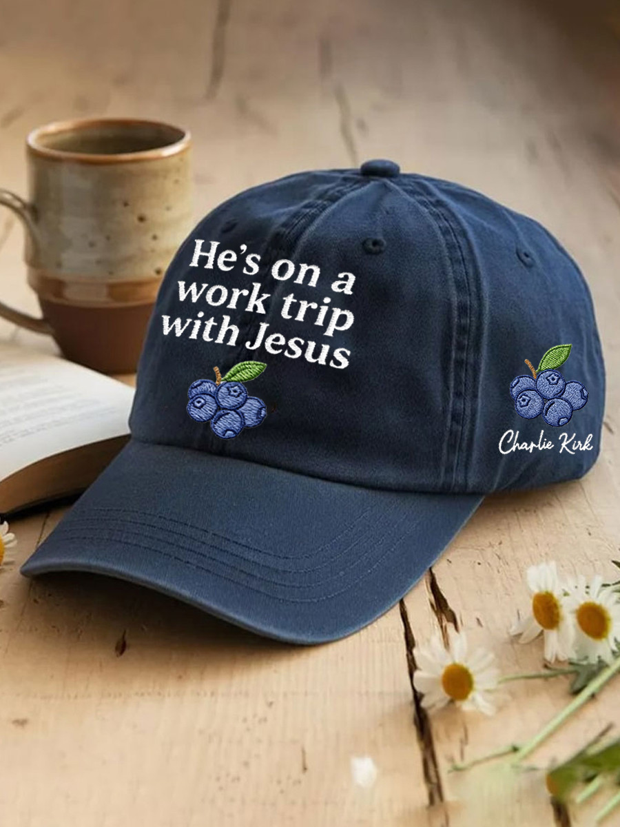 Red White And Blueberries Merch Hat He's On A Work Trip With Jesus Unique Baseball Cap Present