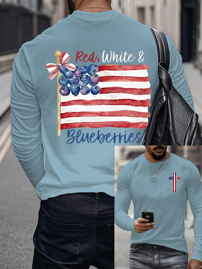 Red White And Blueberries Merch Long Sleeve Shirt U.S Cross Logo Best TPUSA Freedom Shirt