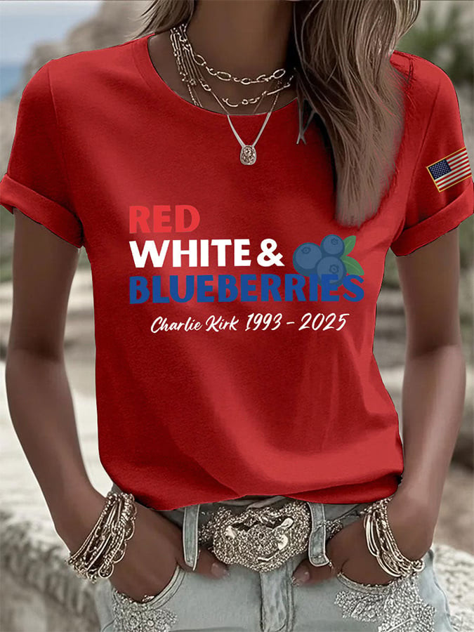 Red White And Blueberries Merch Red T-Shirt Freedom Charlie Kirk 1993 2025 Merch