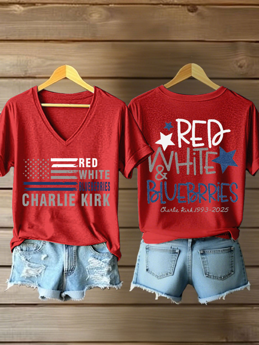 Red White And Blueberries Merch Red V-Neck Shirt 1993 2025 Live Free Charlie Kirk Shirt
