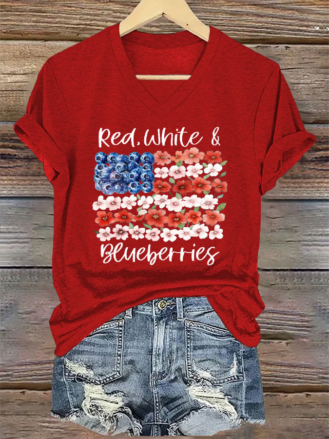 Red White And Blueberries Merch Red V-neck Shirt Flowers Charlie Kirk 47 TPUSA Freedom Shirt