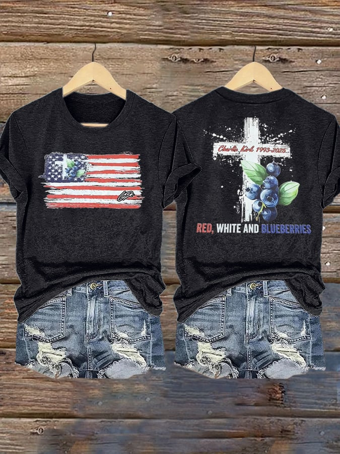 Red White And Blueberries Merch T-Shirt Charlie Kirk Cross 1993 2025 Freedom Charlie Kirk Wore