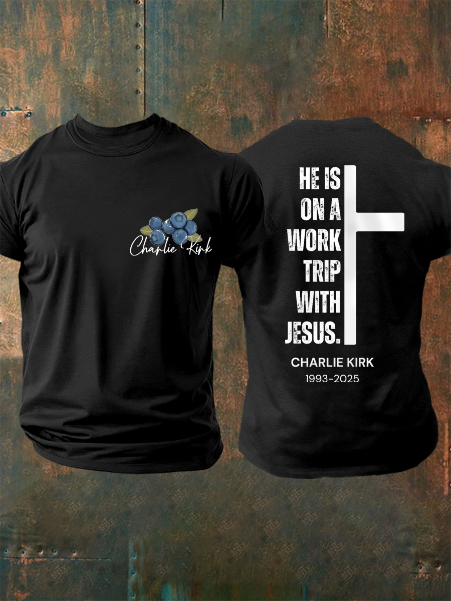 Red White And Blueberries Merch T-Shirt He_s On A Work Trip With Jesus Charlie Kirk 47 Merch