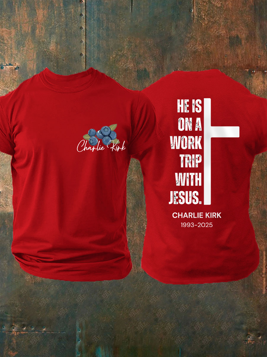 Red White And Blueberries Merch T-Shirt He's On A Work Trip With Jesus Charlie Kirk Apparel