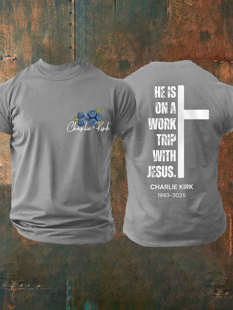 Red White And Blueberries Merch T-Shirt He's On A Work Trip With Jesus Charlie Kirk Clothing