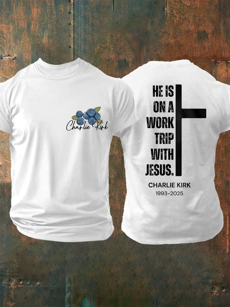 Red White And Blueberries Merch T-Shirt He's On A Work Trip With Jesus Charlie Kirk Merch