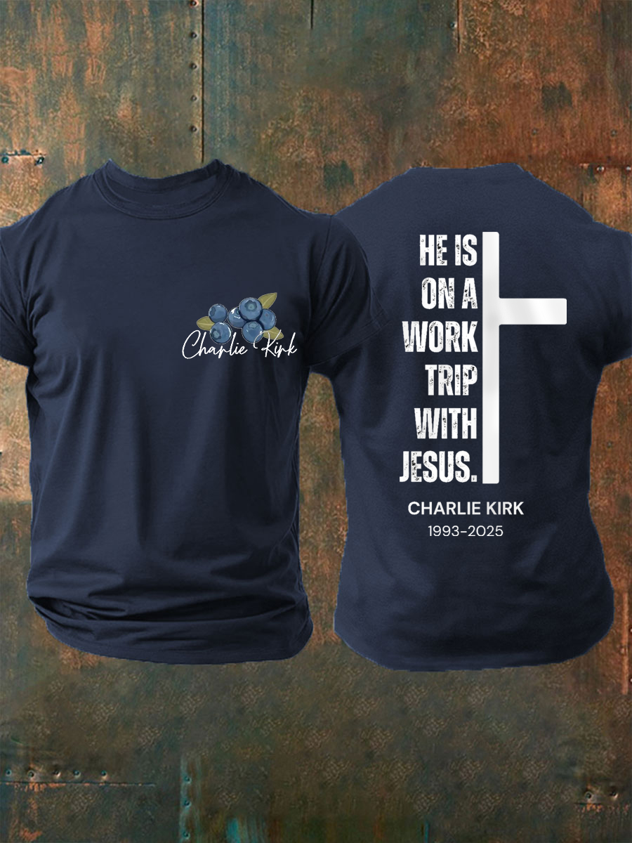 Red White And Blueberries Merch T-Shirt He's On A Work Trip With Jesus Charlie Kirk Shirt
