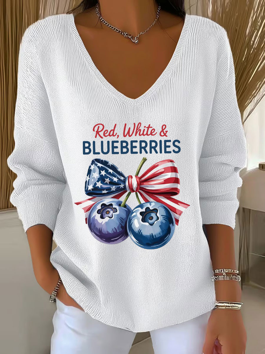 Red White And Blueberries Merch V-Neck Long Sleeve Blueberries Ribbon Free 4 Shirt