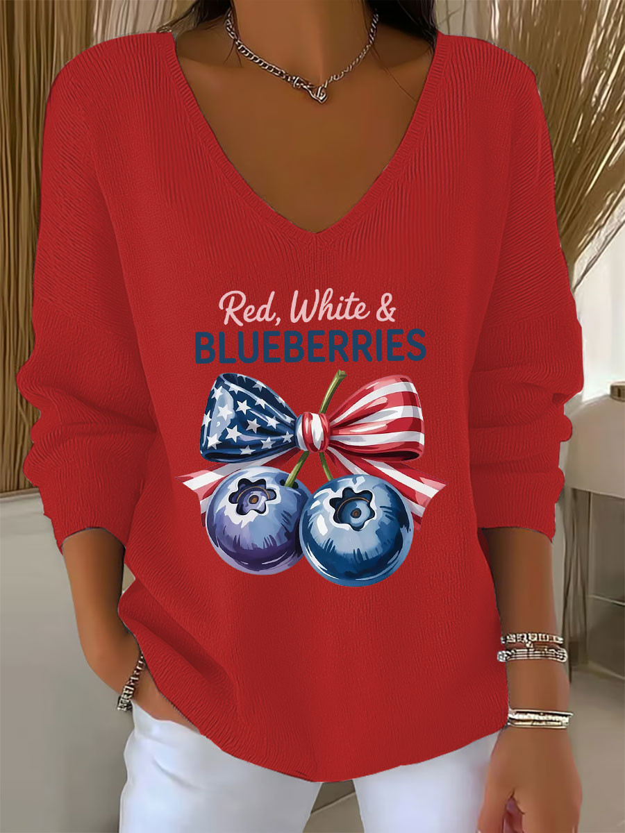 Red White And Blueberries Merch V-Neck Long Sleeve Blueberries Ribbon Gifts For Him