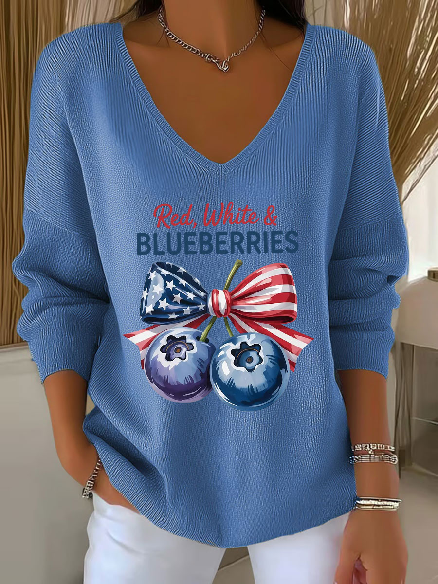 Red White And Blueberries Merch V-Neck Long Sleeve Blueberries Ribbon Live Free Charlie Kirk