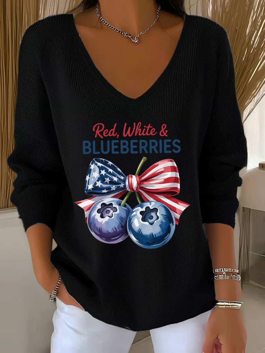 Red White And Blueberries Merch V-Neck Long Sleeve Blueberries Ribbon Live Free CK 47