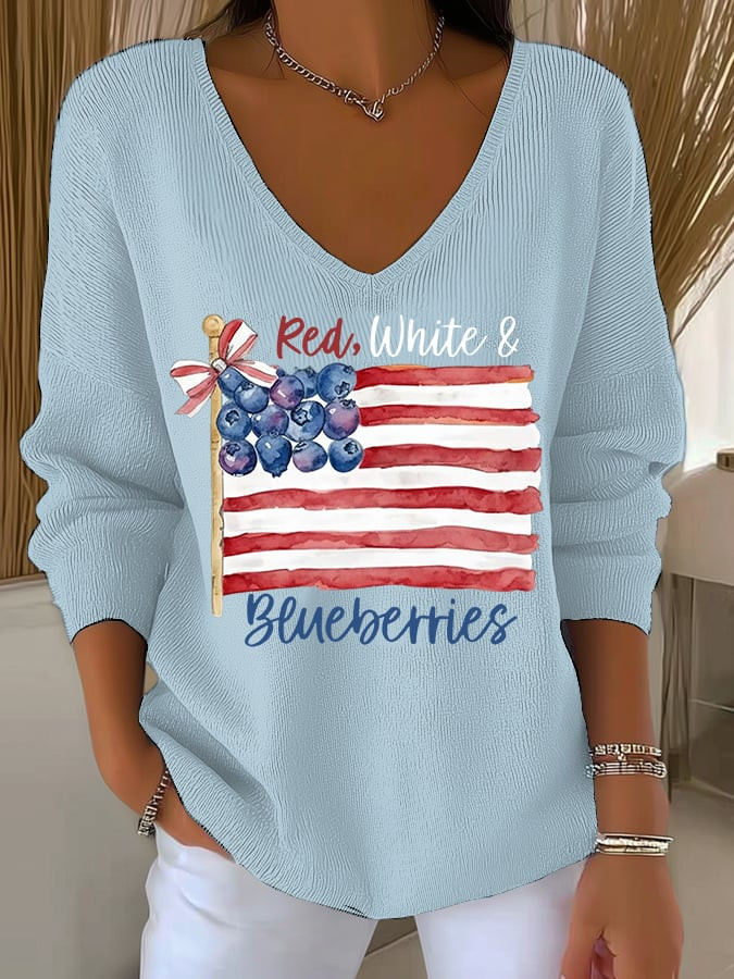 Red White And Blueberries Merch V-Neck Long Sleeve Freedom Shirt Charlie Kirk Clothing