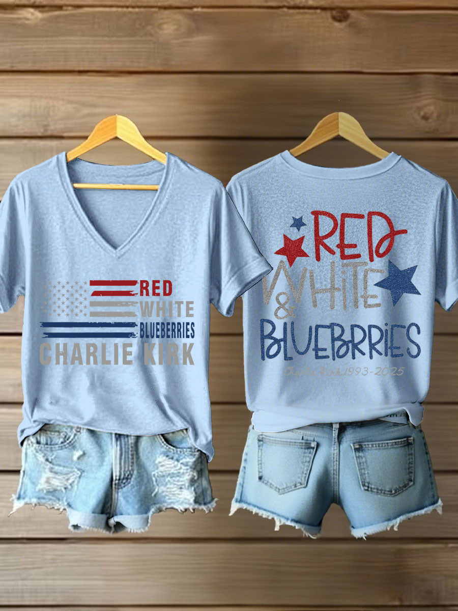 Red White And Blueberries Merch V-Neck Shirt 1993 2025 Live Free 47 Charlie Kirk Shirt