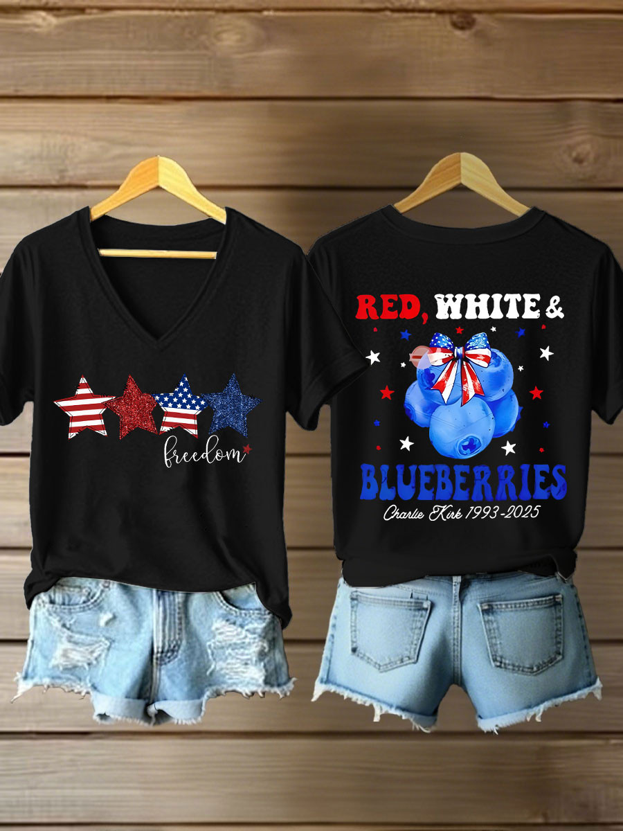Red White And Blueberries Merch V-Neck Shirt 1993 2025 Live Free Charlie Kirk Shirt